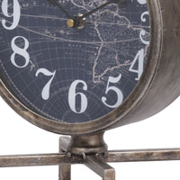 Metal Table Clock with Map Theme Background and Geometric Base, Gray - BM200646