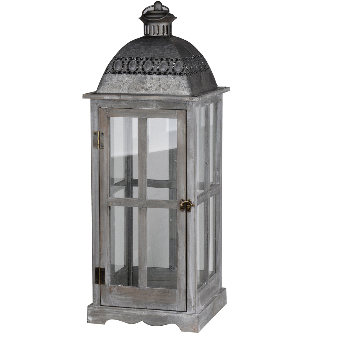 Wood and Metal Lanterns with Glass Window Pane Design, Gray, Set of 2 - BM200911