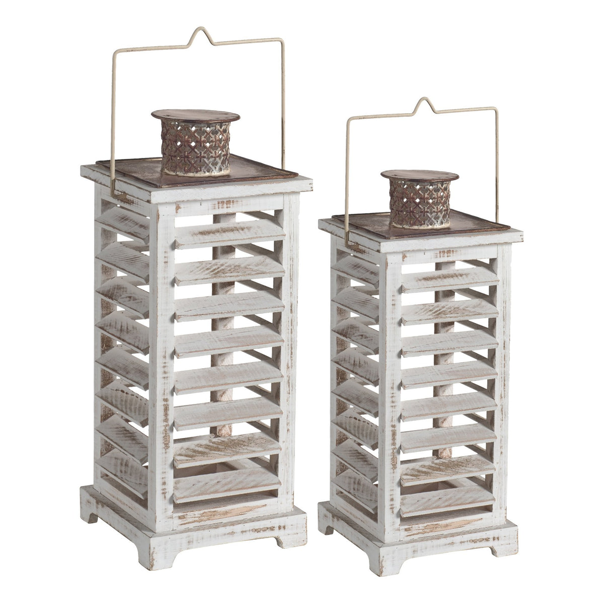 Wood and Metal Lanterns with Louvered Design, White, Set of 2 - BM200913