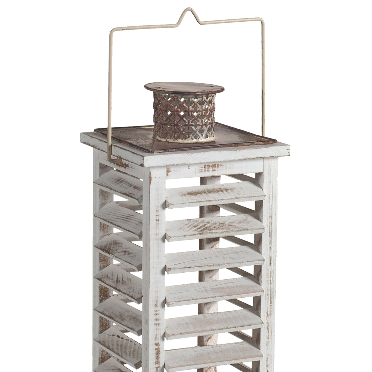 Wood and Metal Lanterns with Louvered Design, White, Set of 2 - BM200913