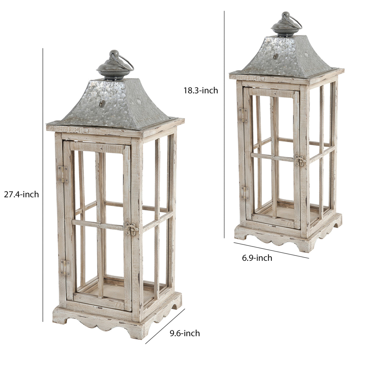 Wood and Metal Lanterns with Window Pane Design, White, Set of 2 - BM200914