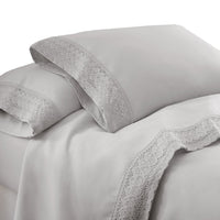 Udine 3 Piece Twin Size Microfiber Sheet Set with Crochet lace , Gray - BM202182