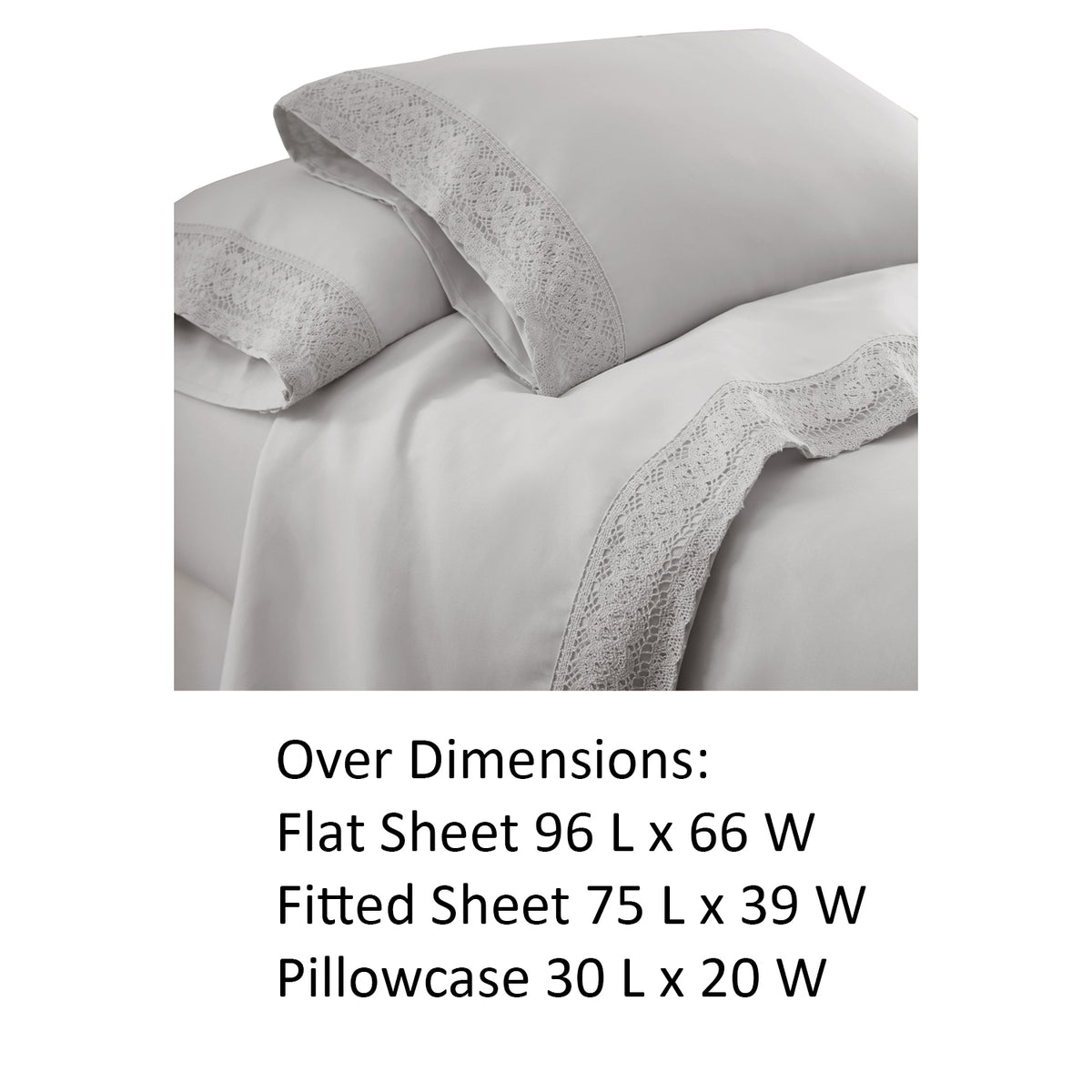 Udine 3 Piece Twin Size Microfiber Sheet Set with Crochet lace , Gray - BM202182
