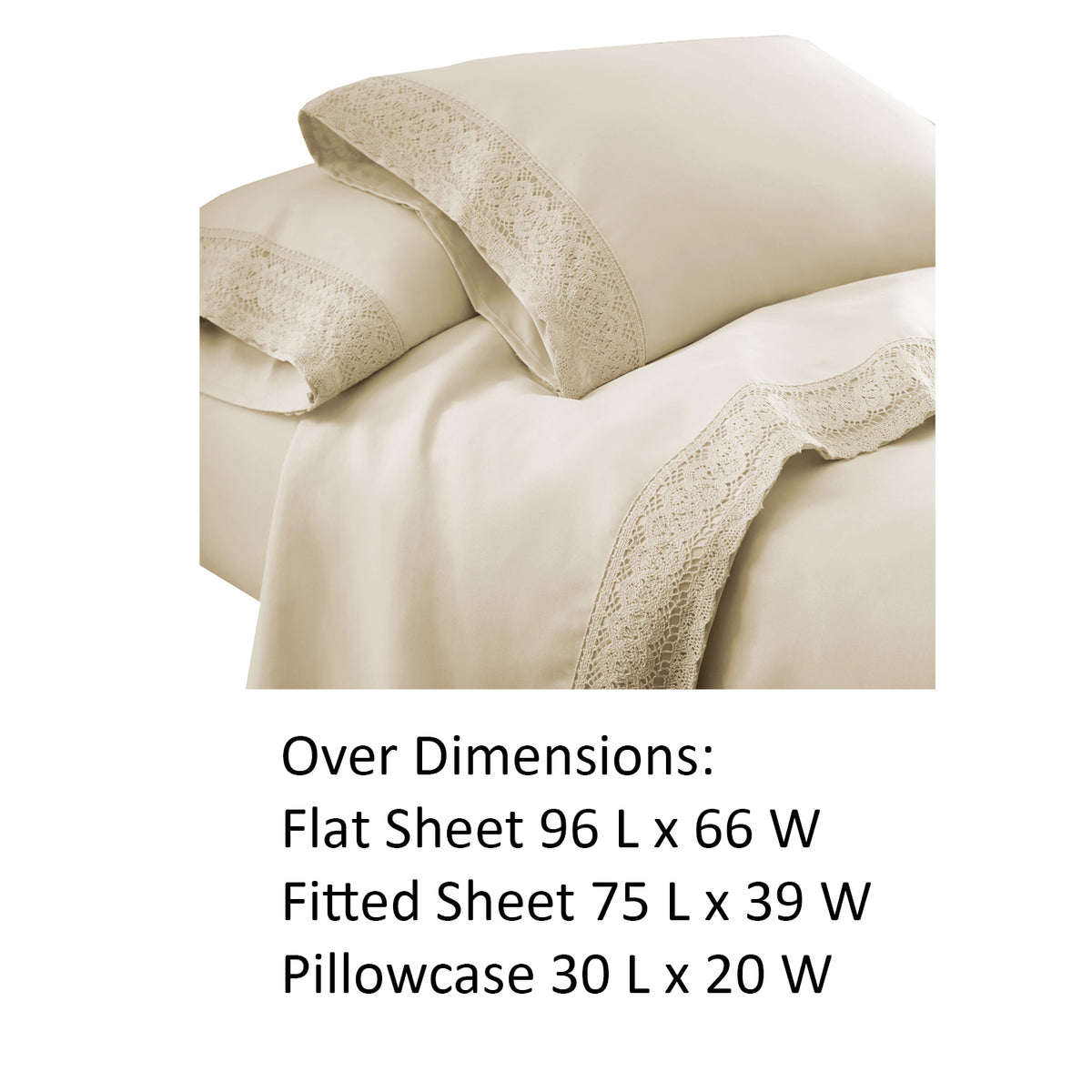 Udine 3 Piece Twin Size Microfiber Sheet Set with Crochet lace , Cream - BM202183