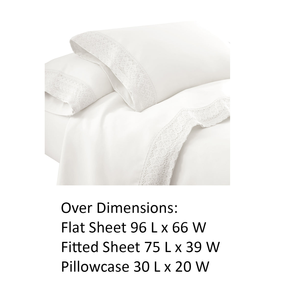 Udine 3 Piece Twin Size Sheet Set with Crochet Lace , White - BM202186