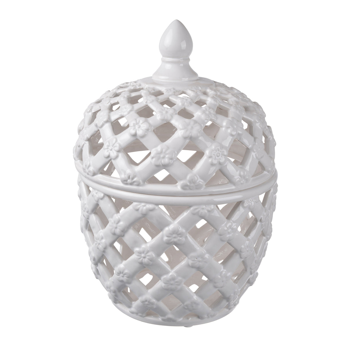 Decorative Ceramic Lidded Jar with Cut Out Texture, Large, White - BM202237