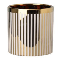 Ceramic Cylindrical Planter with Strips Pattern, White and Gold - BM202243