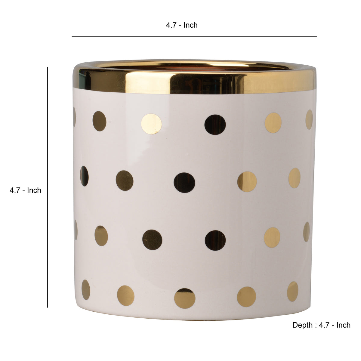 Ceramic Cylindrical Planter with Polka Dots Pattern, White and Gold - BM202244