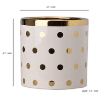 Ceramic Cylindrical Planter with Polka Dots Pattern, White and Gold - BM202244