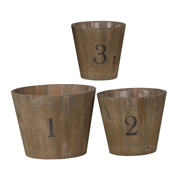 Wooden Planter with Round Base and Assorted Sizes, Set of 3, Brown - BM202278
