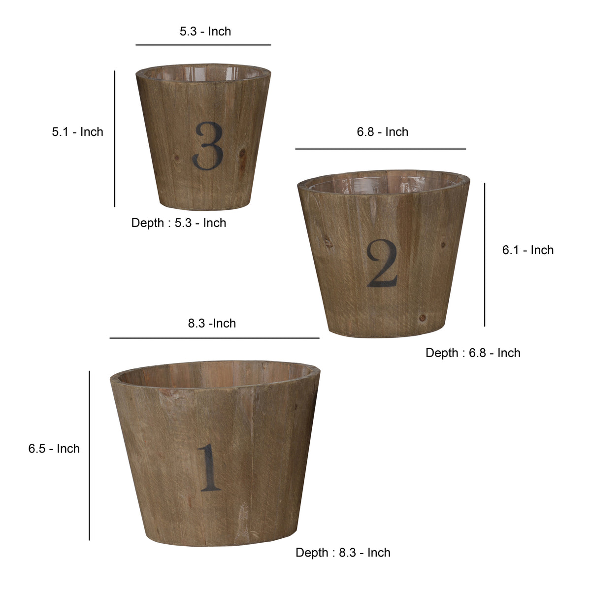 Wooden Planter with Round Base and Assorted Sizes, Set of 3, Brown - BM202278