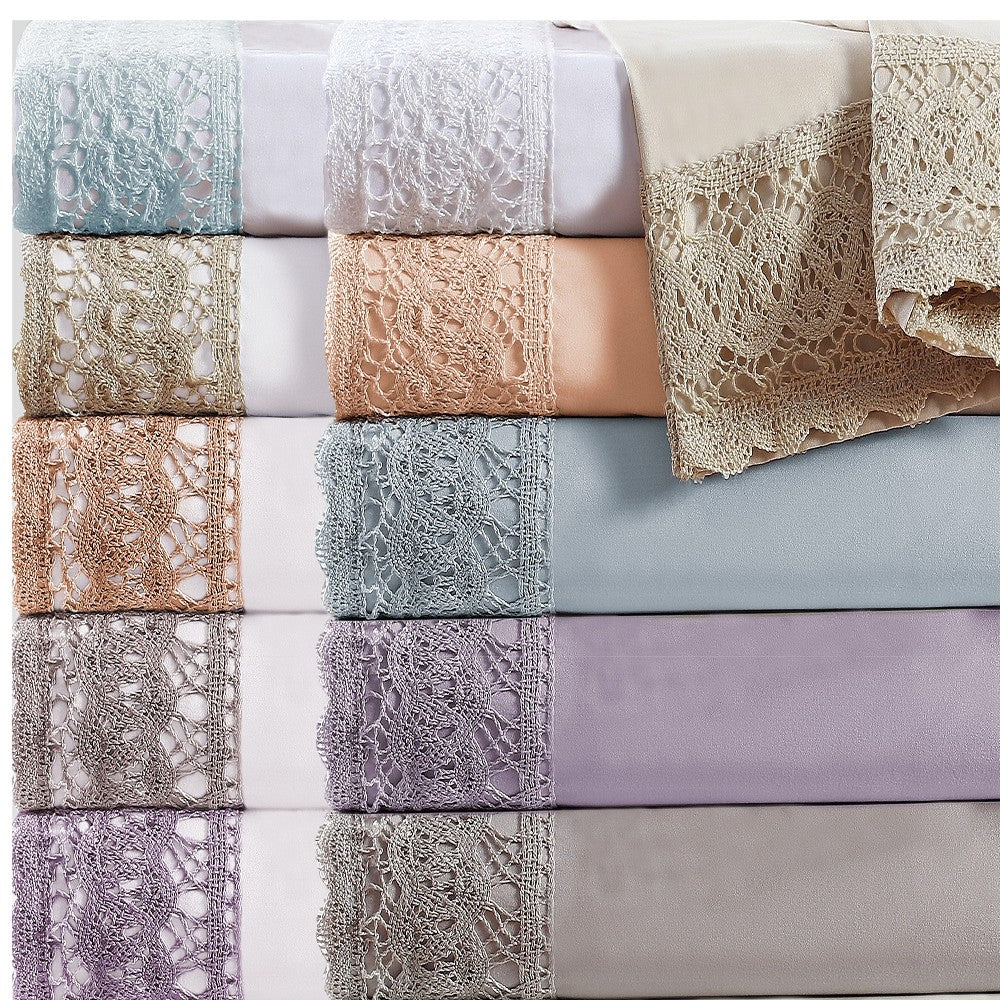 Udine 4 Piece Queen Size Microfiber Sheet Set with Crochet Lace , Pink - BM202395