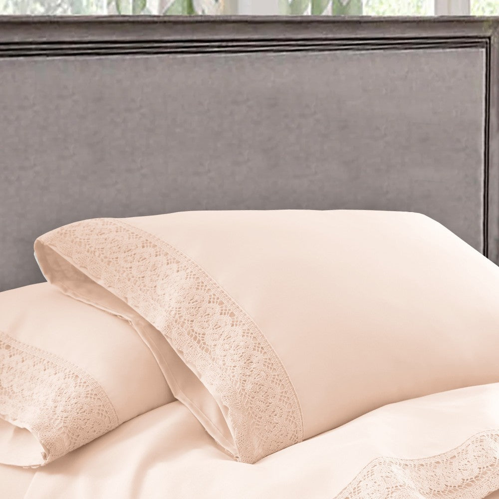 Udine 4 Piece Queen Size Microfiber Sheet Set with Crochet Lace , Pink - BM202395