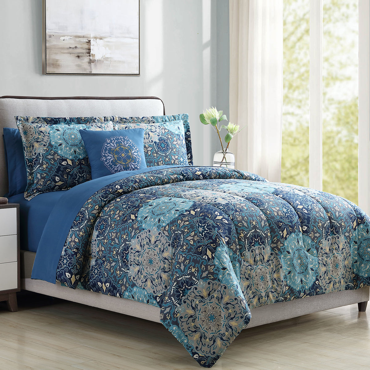 Caen 8 Piece King Size Printed Reversible Bed Set , Blue - BM202758