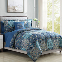 Caen 8 Piece King Size Printed Reversible Bed Set , Blue - BM202758