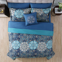Caen 8 Piece King Size Printed Reversible Bed Set , Blue - BM202758