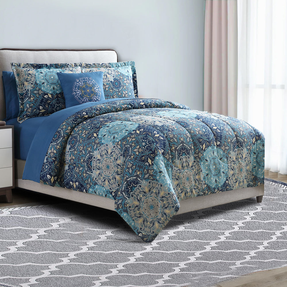 Caen 8 Piece King Size Printed Reversible Bed Set , Blue - BM202758
