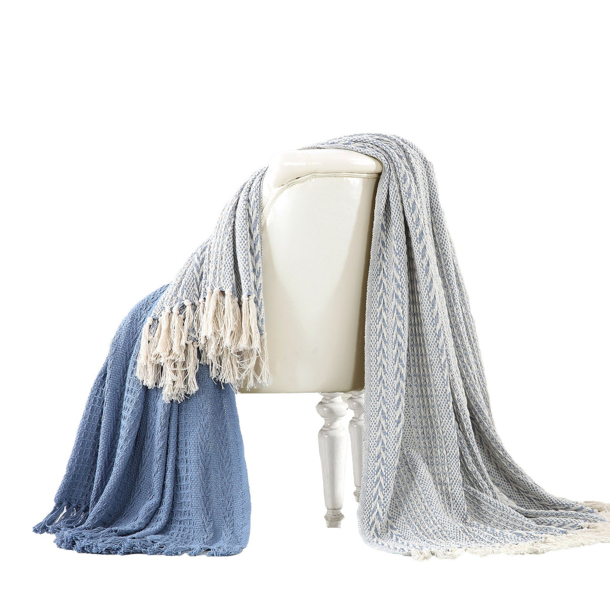 Latina Cotton Throw with Decorative Fringe The Urban Port, Set of 2, Blue - BM204216