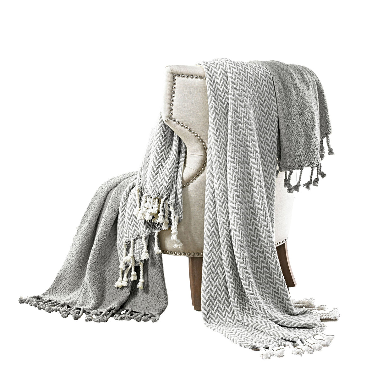 Calabria Herringbone Cotton Throw The Urban Port, Set of 2, Gray and White - BM204237