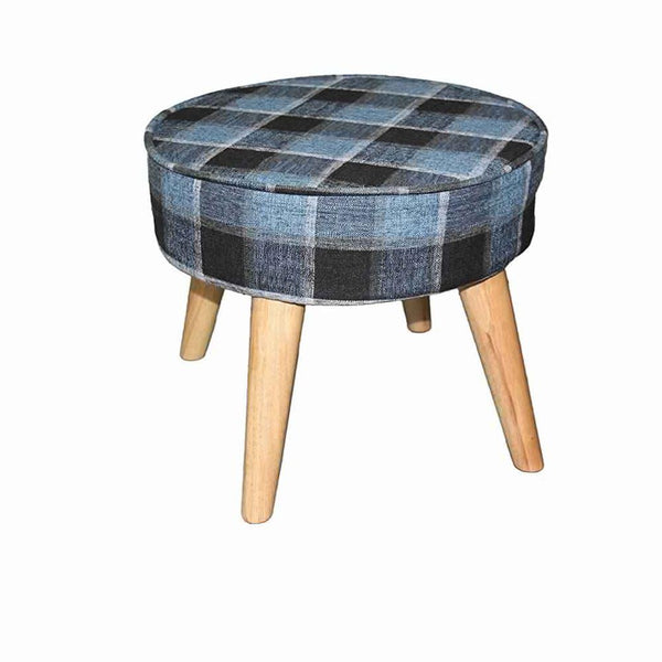 Fabric Upholstered Wooden Footstool with Dowel Legs, Blue and Brown - BM204292
