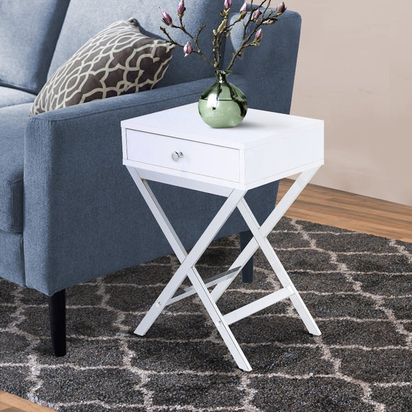 Wood and Metal Side Table with Crossed Base, White and Silver - BM204493