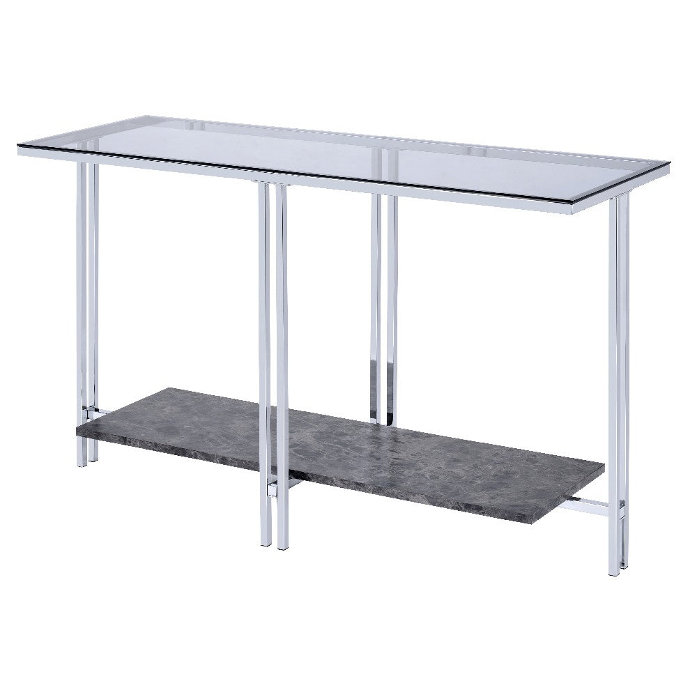 Glass Top Metal Sofa Table with Marble Bottom shelf, Silver and Clear - BM204499