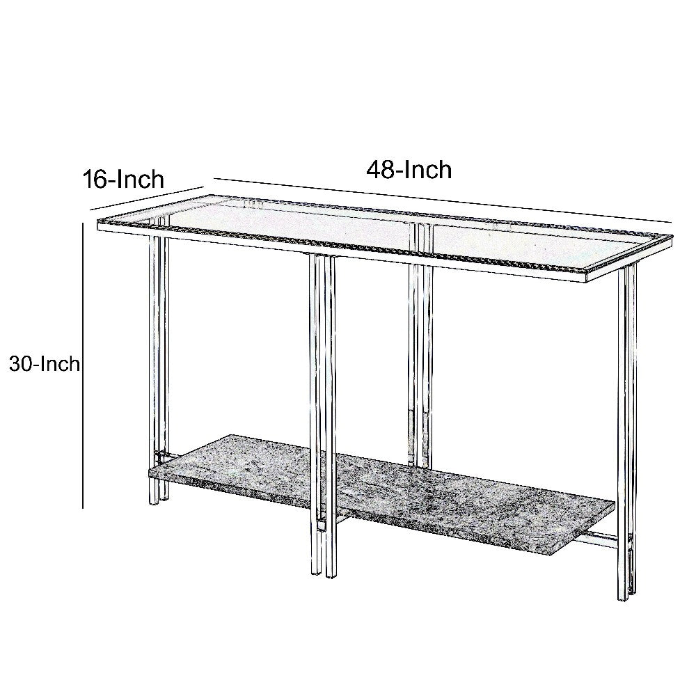 Glass Top Metal Sofa Table with Marble Bottom shelf, Silver and Clear - BM204499
