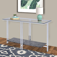 Glass Top Metal Sofa Table with Marble Bottom shelf, Silver and Clear - BM204499