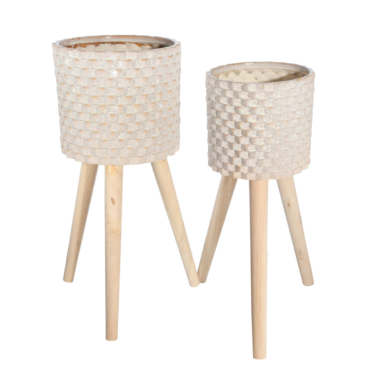 Textured Ceramic Planter with Tripod Legs, Set of 2, Cream and Brown - BM205141