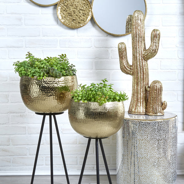 Hammered Textured Metal Bowl Planters on Tripod Base, Set of 2, Gold and Black - BM205274