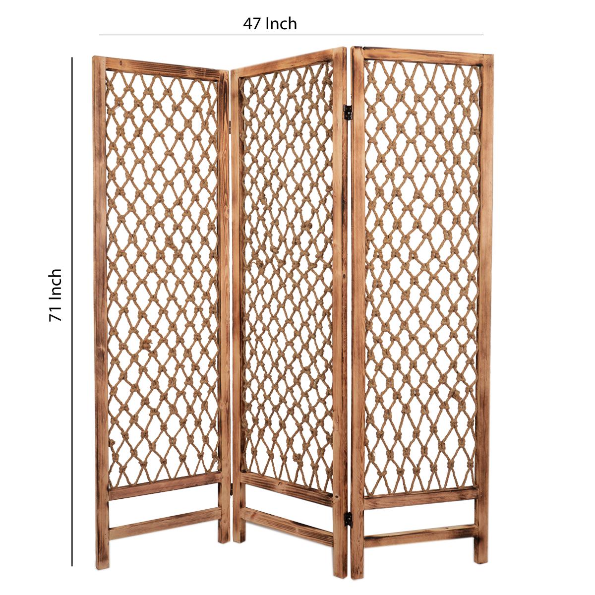 3 Panel Traditional Foldable Screen with Rope Knot Design, Brown - BM205389