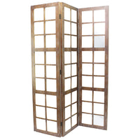 3 Panel Wooden Screen with Square Mirror Inserts, Brown and Silver - BM205400