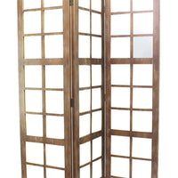 3 Panel Wooden Screen with Square Mirror Inserts, Brown and Silver - BM205400