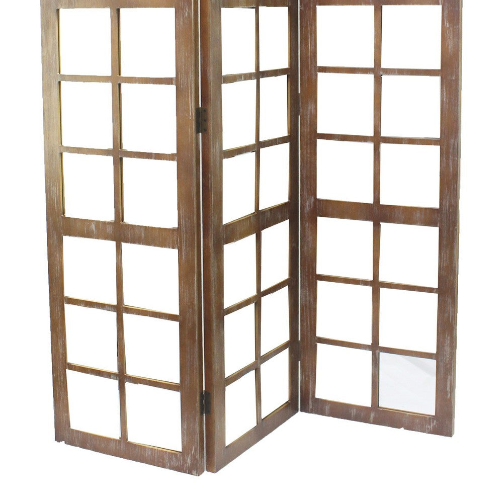 3 Panel Wooden Screen with Square Mirror Inserts, Brown and Silver - BM205400