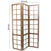 3 Panel Wooden Screen with Square Mirror Inserts, Brown and Silver - BM205400
