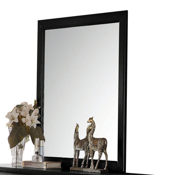 Transitional Style Mirror with Raised Wooden Frame, Black and Silver - BM205624