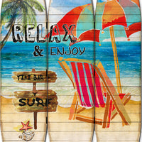 Lounge and Umbrella Print Surfboard Shaped 3 Panel Room Divider, Multicolor - BM205780