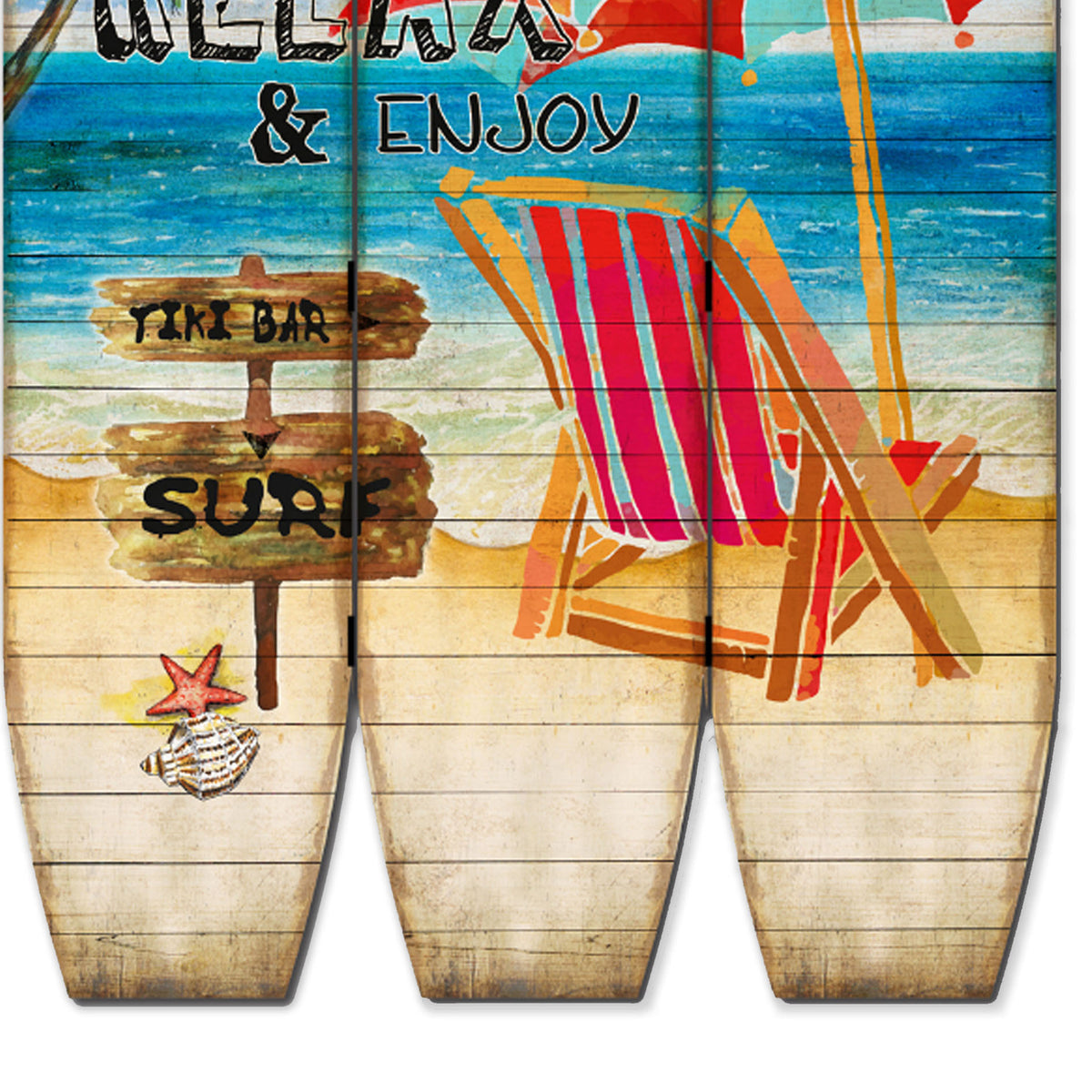 Lounge and Umbrella Print Surfboard Shaped 3 Panel Room Divider, Multicolor - BM205780