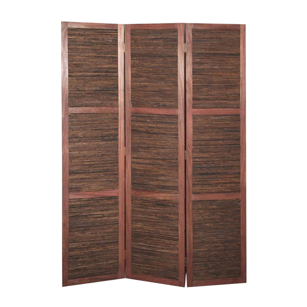 Wooden 3 Panel Room Divider with Horizontal Bamboo Stripes, Dark Brown - BM205783