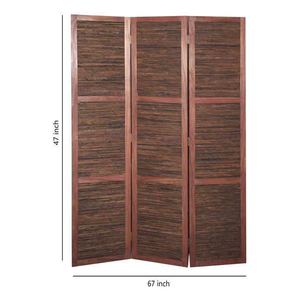 Wooden 3 Panel Room Divider with Horizontal Bamboo Stripes, Dark Brown - BM205783