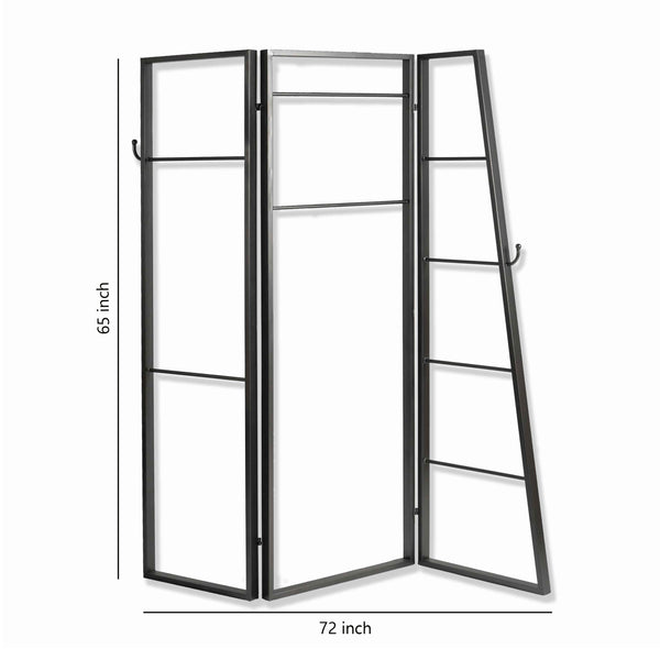 Modern Style 3 Panel Metal Screen with Hooks and Rod Hangings, Black - BM205890