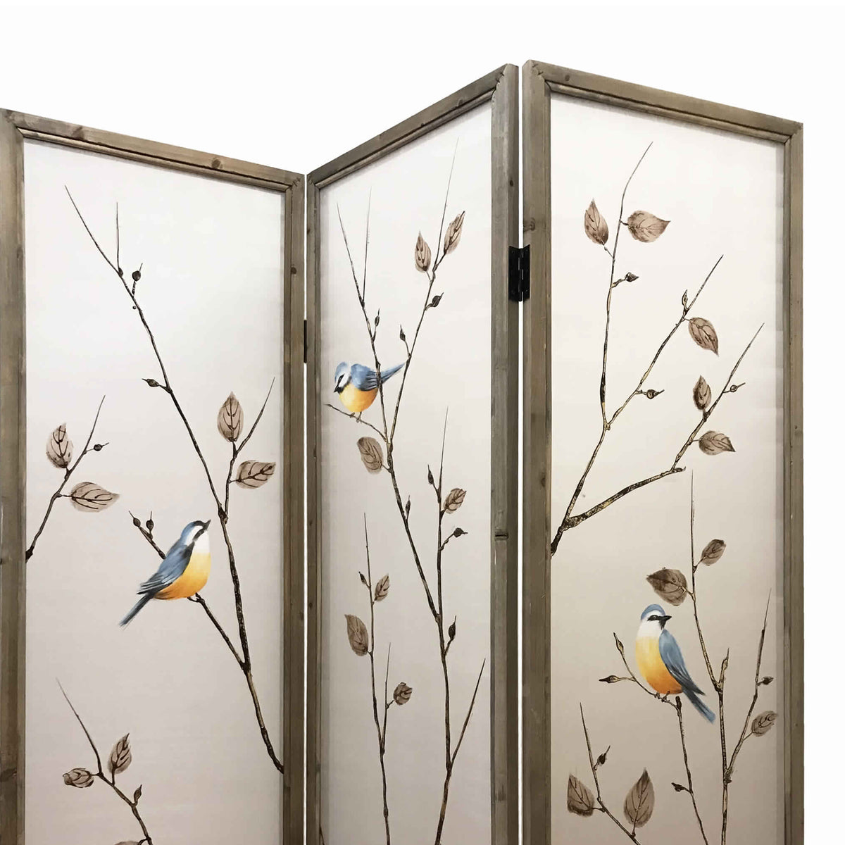 Art Styled 3 Panel Wooden Screen with Hand painted Fabric Design, Beige - BM205893