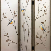 Art Styled 3 Panel Wooden Screen with Hand painted Fabric Design, Beige - BM205893