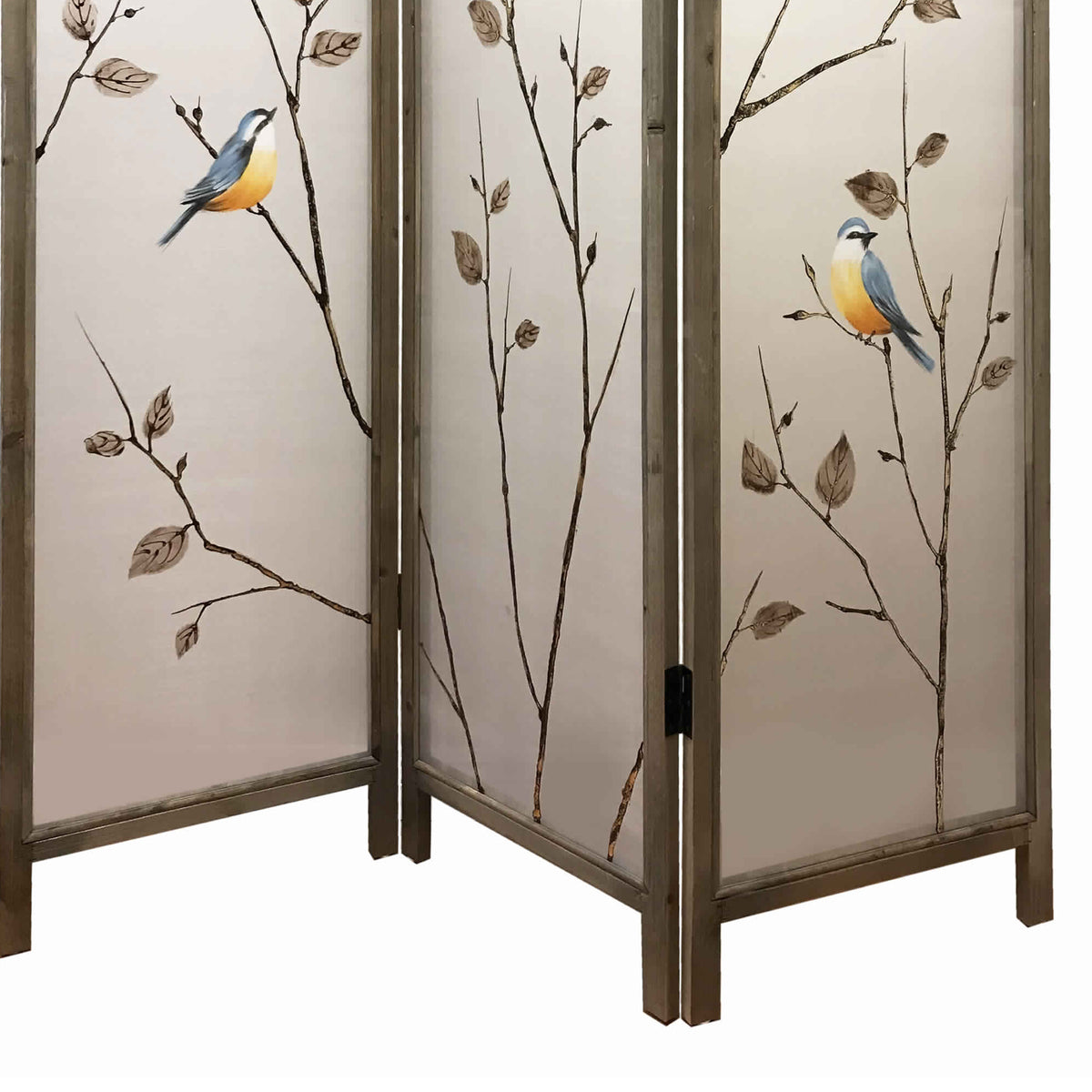 Art Styled 3 Panel Wooden Screen with Hand painted Fabric Design, Beige - BM205893