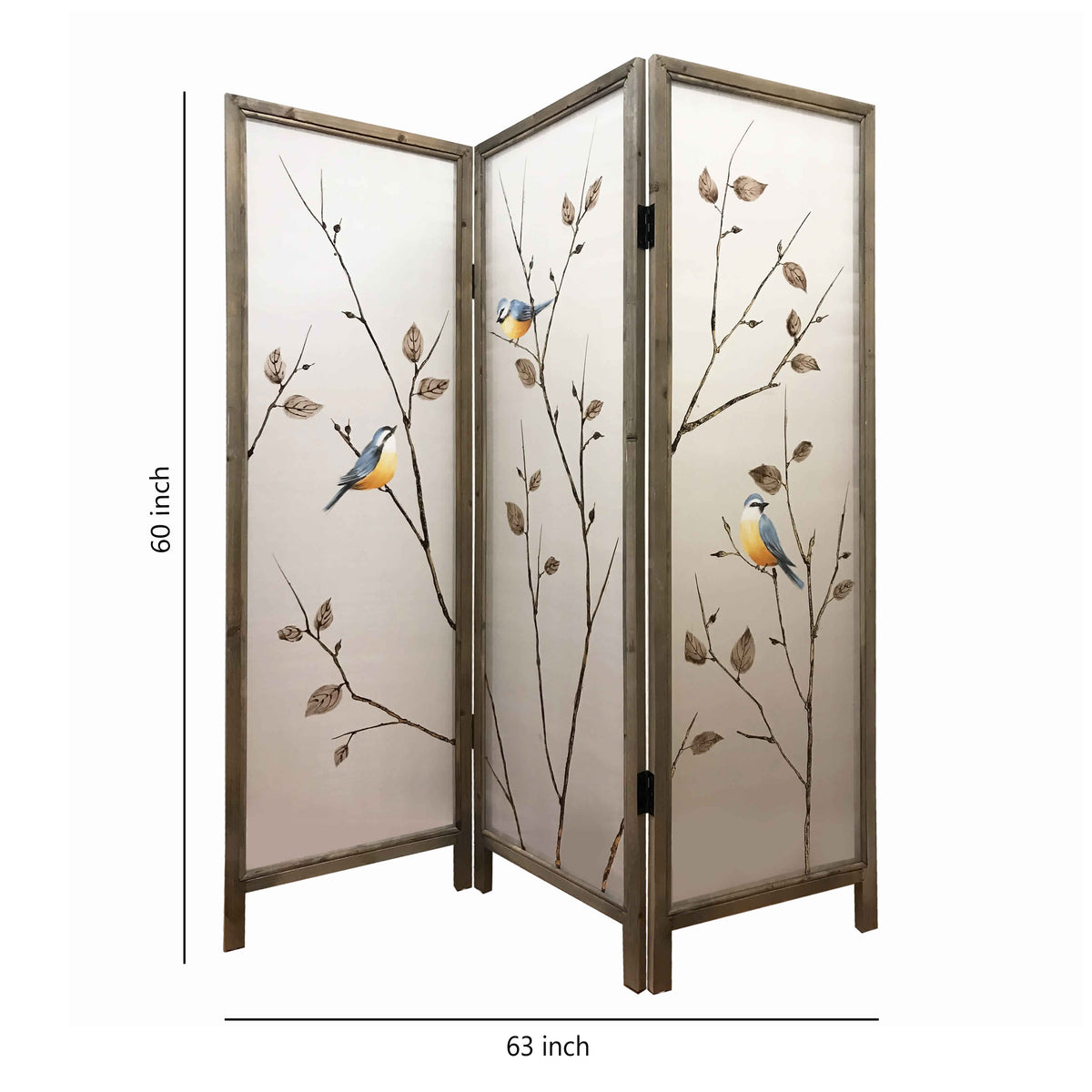 Art Styled 3 Panel Wooden Screen with Hand painted Fabric Design, Beige - BM205893