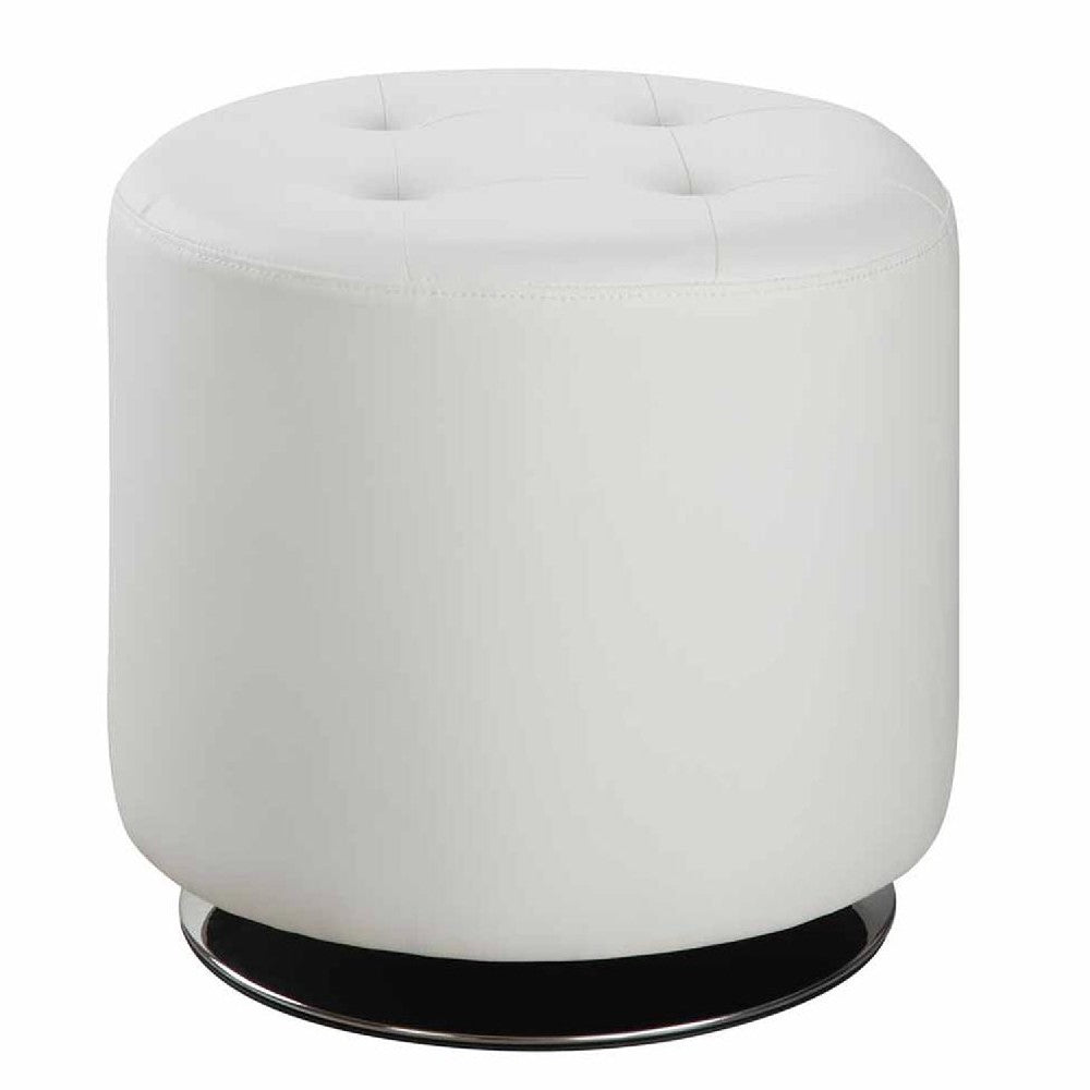 Round Leatherette Swivel Ottoman with Tufted Seat, White and Black - BM206527