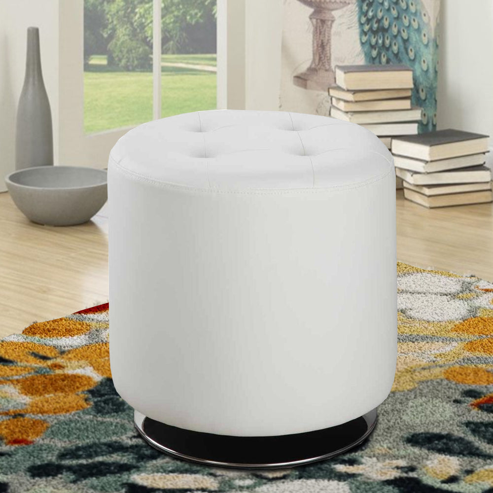 Round Leatherette Swivel Ottoman with Tufted Seat, White and Black - BM206527