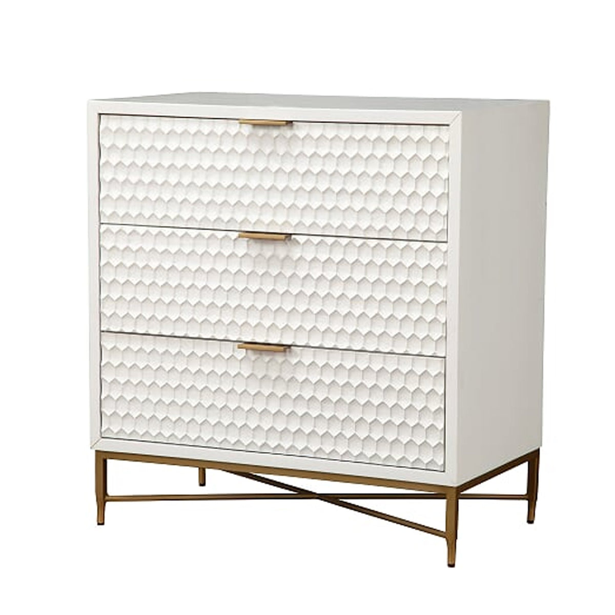 Honeycomb Design 3 Drawer Chest with Metal Legs, Small, White - BM206687