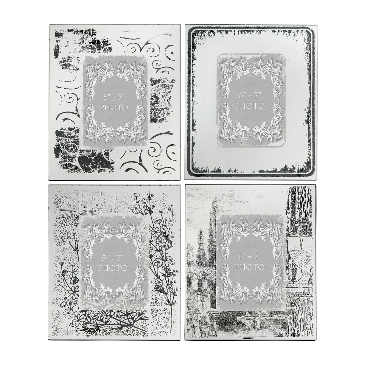 Modern Etched Wooden Photo Frames, Large, Set of 4, Silver - BM206706