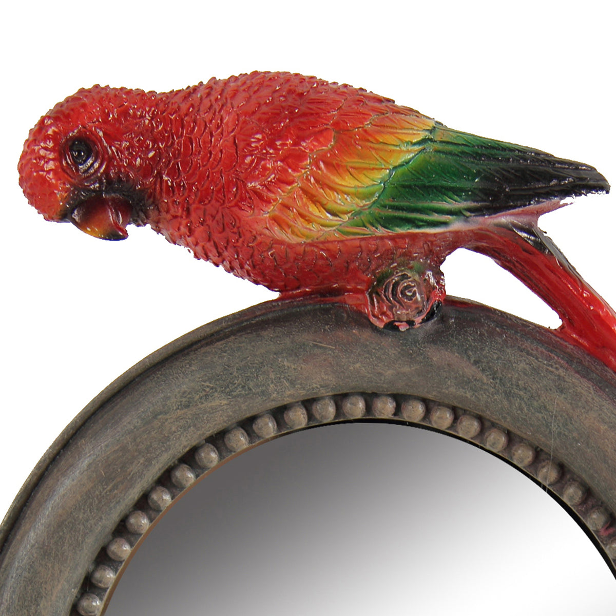 Round Wooden Framed Mirror with Parrot Sculpture Top, Multicolor - BM206716